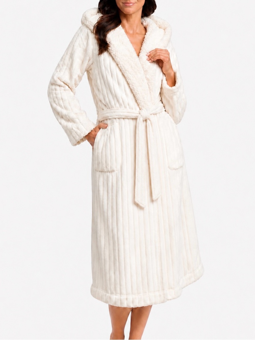 Softies Drop Needle Ultra Plush Hooded Wrap Robe - Cloud Ivory Cozy Luxury Robe